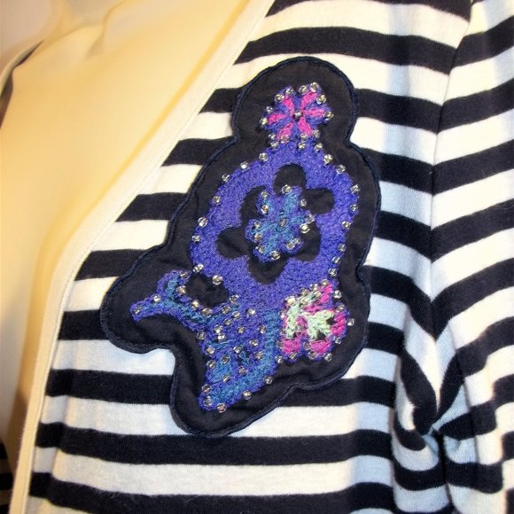 Ann Taylor LOFT Womens Cardigan Size M Striped Floral Embellished White Black - Picture 4 of 5